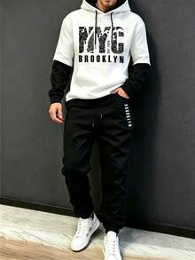 2pcs/Set Men's Fashion Retro NYC BROOKLYN Map Print Hoodie & Sweatpants Outfit, Autumn/Winter - Black and White - View 1
