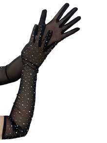 1 Pair Women's Long Arm Sleeves Mesh Rhinestone Gloves, Sheer Sparkling Evening Party Ball Dress Accessory - A - View 2
