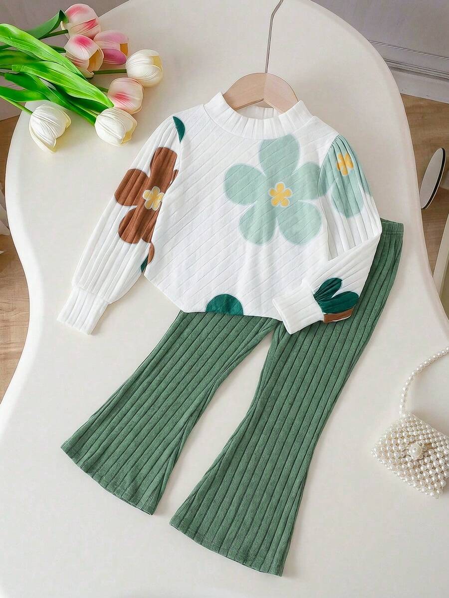 Girls 2pcs Set Large Floral Print Asymmetrical Hem Ribbed Long Sleeve Top & Green Vertical Rib Flare Pants, Spring/Autumn Fresh Mori Style Gentle Knit Casual Outfit For Daily Wear And Outings - Multicolor - View 1