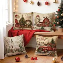 4pcs/1pc Vintage Country Santa Claus Red Truck Pattern Pillowcase, Single-Sided Printed Pillowcase, Suitable For Living Room Bedroom Home Decor, All-Season Pillowcase - Multicolor - View 10