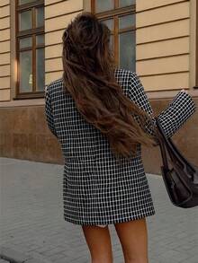 Women's Fashion Black Plaid Tweed Blazer, Double-Breasted Long Sleeve Regular Fit, Autumn Essential - Black and White - View 7