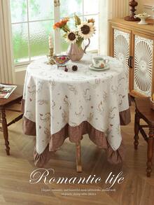 1pc Faux Linen Tablecloth With Scalloped Lace Trim, Polyester Fabric, Botanical Pattern, Rectangular/Square Tablecloth For Dining Room And Living Room Table Decor - Beige - View 11