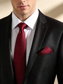 2pcs/Set Men's 8cm Burgundy Ribbed Tie & Pocket Square Set, Groom Tie Set For Wedding, Party, Business, Banquet, Holiday - Burgundy - View 5