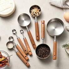 Stainless Steel Measuring Cup And Spoon Set, Baking Cake Measuring Spoons, Graduated Measuring Tools, Wooden Handle Coffee Spoon, Hand Drip Coffee Bean Weighing Tool, Precise Powder Measuring Kitchen Baking Tool, Suitable For Cooking And Baking Kitchen Supplies, Applicable To Dry And Liquid Ingredients - Silver - View 1