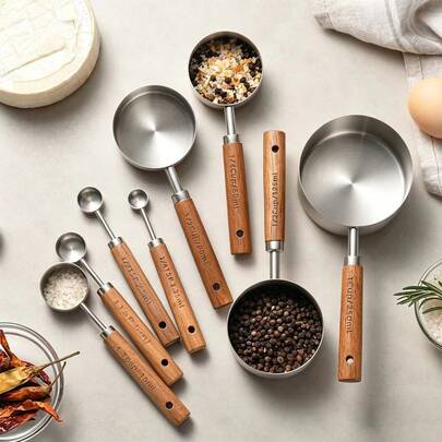Stainless Steel Measuring Cup And Spoon Set, Baking Cake Measuring Spoons, Graduated Measuring Tools, Wooden Handle Coffee Spoon, Hand Drip Coffee Bean Weighing Tool, Precise Powder Measuring Kitchen Baking Tool, Suitable For Cooking And Baking Kitchen Supplies, Applicable To Dry And Liquid Ingredients