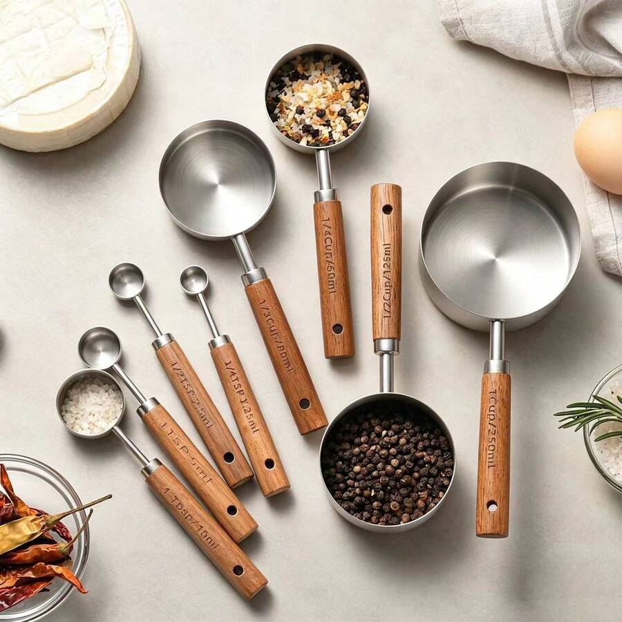 Stainless Steel Measuring Cup And Spoon Set, Baking Cake Measuring Spoons, Graduated Measuring Tools, Wooden Handle Coffee Spoon, Hand Drip Coffee Bean Weighing Tool, Precise Powder Measuring Kitchen Baking Tool, Suitable For Cooking And Baking Kitchen Supplies, Applicable To Dry And Liquid Ingredients - Silver - View 1