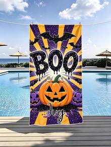 منشفة شاطئ مخصصة باسم بتصميم هالوين Boo مع اليقطين والخفافيش، منشفة ناعمة سريعة الجفاف أحادية الجانب، تصميم هالوين مخيف للشاطئ والمسبح والسفر والتخييم، هدية للأطفال - متعدد الألوان - مشاهدة 5