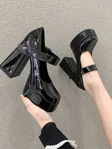 Women's Black Square Toe Mary Jane Pumps With Thick Sole And Chunky High Heel, Buckle Strap, Suitable For Graduation, Prom, Party, Concert - Black - View 8