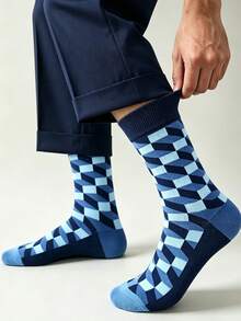 1/3/6 Pairs Men's Retro Geometric Argyle Mid-Calf Socks, Soft Breathable Classic Color Block Design Dress Socks, Suitable For Daily Casual Wear And Office - Multicolor - View 7