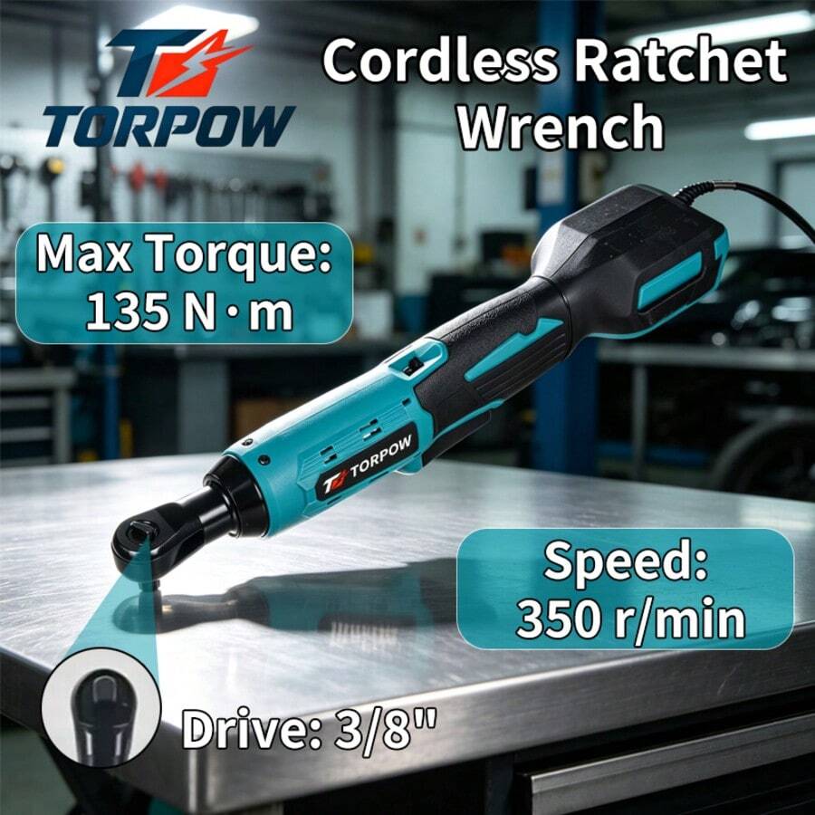 Kunci Ratchet Sudut Kanan Tanpa Kabel TORPOW 3/8" Drive 135N.M Torsi Tinggi 350RPM Baterai Lithium Kunci Listrik untuk Perbaikan Mobil di Ruang Sempit - Biru - View 1