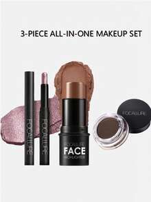 FOCALLURE 3-Piece Long-Lasting Makeup Set | Cream Eyeshadow Stick, Waterproof Eyebrow Pomade With Brush & Face Contour Highlighter Bronze Blush Stick - Full Glam Makeup Set - View 1