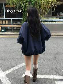 韓式拼色鈕扣長袖寬鬆夾克大學風 - 深藍色 - 查看 5
