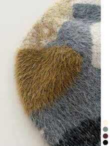 1pc American Vintage Color Block Fuzzy Knit Slouchy Beanie For Women, Autumn Winter Warm Versatile Cold Hat, Face-Flattering Large Head Circumference - Geometric Color Block Faux Mink Trim - View 10