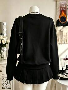 Streetwear Crewneck Sweatshirt With Letter & Floral Print, Warm Fleece-Lined Loose Fit For Autumn Winter - Black - View 3