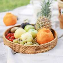 Handmade Woven Rattan Round Fruit Tray, Japanese Style Round Dessert Fruit Dinner Plate Storage Basket, Round Woven Rattan Storage Basket, Wooden Handle Tray, Bread Fruit Cake Food Plate, Home Use Tray - Brown - View 1