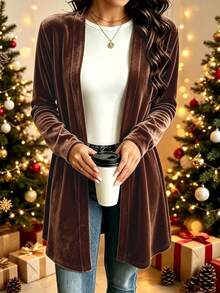 Fashionable Plus Size Women's Solid Color Velvet Loose Long Sleeve Cardigan, Ideal Casual Choice For Autumn/Winter - Brown - View 3