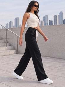 Women's Black Casual Wide Leg Pants Elastic Waist Adjustable Drawstring Relaxed Loose Fit Full Length Everyday Trousers - Black - View 5