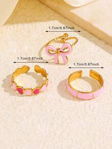 3pcs Stainless Steel Pink Fashion Elegant Versatile Geometric Bow Heart Bamboo Joint Rings Set Suitable For Women Daily And Holiday Wear - Multicolor - View 5