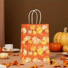 Autumn Harvest Maple Leaf & Pumpkin Print Kraft Paper Gift Bags, Random Style, Thanksgiving Party Favor Packaging, Classroom Party & Holiday Souvenir Bags, Maple Leaf Design Paper Gift Wrap For Table Decor And Guest Favors - Multicolor - View 2