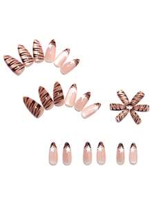 Autumn/Winter 24pcs Minimalist Almond Press-On False Nails, Brown Striped Cat Eye White Five-Pointed Star Design, Includes 1pc Jelly Glue + 1pc Nail File - Multicolor - View 2