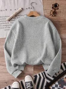 Casual Women's Thermal Lined Sweatshirt, Long Drop Shoulder Pullover With Ribbed Knit Details And Unique Wine Glass Print, Suitable For Winter - Flower Gray - View 2
