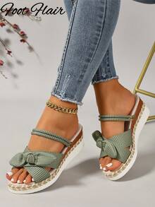 Foot Flair Women's Green Wedge Platform Open Toe Sandals, Bohemian Style Versatile Plus Size Summer Beach Vacation - Green - View 6