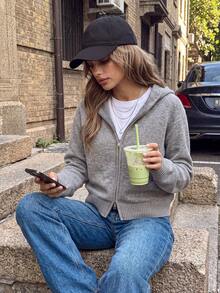 Minimalist Solid Color Hooded Knit Cardigan, Grey Raglan Long Sleeve Full Zip Design, Ribbed Cuffs And Hem, Versatile Casual Knit Top For Daily Commute, Walking, Outing, Shopping, Home Wear, Campus Outfit - Grey - View 8