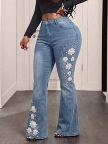 Plus Size Fashion Denim Flare Pants With Pearl And Floral Applique, Mid-Stretch, Long Zipper Fly - Blue - View 4