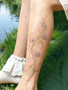 1pc Temporary Tattoo Sticker, Light Blue Small Flowers With Twisted Vine Line Pattern, Realistic Fake Tattoo Design, Suitable For Daily, Bachelorette Party Favors, Music Festivals, Cosplay, Graduation Gifts, Lasts 3-5 Days - Multicolor - View 4