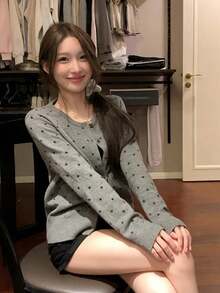 Women's Polka Dot Knit Cardigan Jacket, Versatile Lazy Style Outerwear Top, Autumn/Winter - Grey - View 5