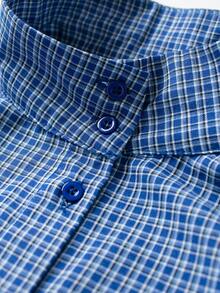 Women's Crop Top, Long Sleeve Stand Collar Drawstring Plaid Shirt - Blue - View 3
