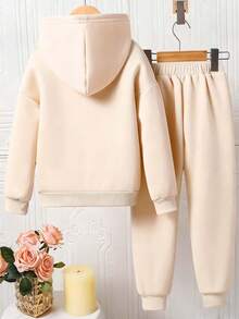 2pcs/Set - Tween Girl Graphic Print Casual Fleece Hoodie Sweatshirt And Fleece Pants, Autumn/Winter Outfit - Apricot - View 4