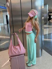 Women's Folded High Waist Flared Long Pants, Solid Color Wide Leg Long Trousers, Daily Street Casual Wear - Mint Green - View 5