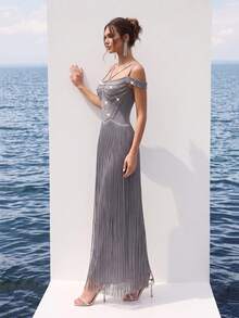 FEELAIR New Cold Shoulder Spaghetti Strap Heavy Rhinestone Tassel Long Dress, Grey Slim Fit Evening Gown, Suitable For Party, Banquet And Formal Occasions - Gray Blue - View 6