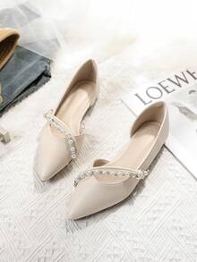 New Women's Knotted Pearl Rhinestone Thin Strap Side Cutout Pointed Toe Flat Shoes, Low Vamp Soft Sole Commuter Wedding Gentle Style Slouchy Shoes For Skirts - Chantilly - View 1
