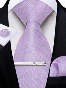 Men's Tie, Pocket Square, Cufflinks, Tie Clip 4-Piece Set, Light Purple Solid Color Woven Texture, Business Casual Suit Matching - Mauve Purple - View 1