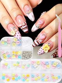 1 Set Y2K Colorful Button Nail Art Decorations, Cute 3D Star Heart Flower Winter Holiday Nail Decor, Colorful Candy Color Nail Rhinestones, Includes Storage Box And Tweezers, Suitable For Nail Art DIY - Multicolor - View 6