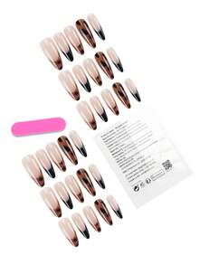 30pieces Press On Nails. Fall Autumn Fall Nails Collection. Long Almond Nails With Nude Gradient, Dark Brown Tips, Black Tips And Brown Leopard Spots. Packaged With Jelly Glue And Nail File. Practical Nail Supplies For Press On Nails - Multicolor - View 3