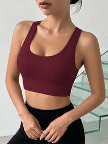 DAZY EMUPER 1pc Seamless Sports Racerback Bra, Hollow Backside Outerwear Elastic Solid Color Women Lingerie - Red - View 5