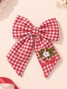 1pc Cute Red Plaid Bow Hair Clips For Kid Girls,Strawberry Embroidered Hairpins For Autumn Winter Daily,Gift,Child Girls' Checked Hair Accessory. - Multicolor - View 4