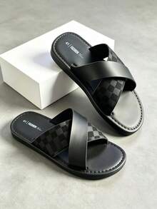 Men's One-Strap Checkerboard Patchwork Cross-Strap Sandals, Premium Glossy PU Patchwork Printed Upper, Breathable Open-Toe Flat Sandals With Thick Rubber Sole, Soft Non-Slip Wear-Resistant Home Beach Commute Versatile Casual Slides - Black - View 3