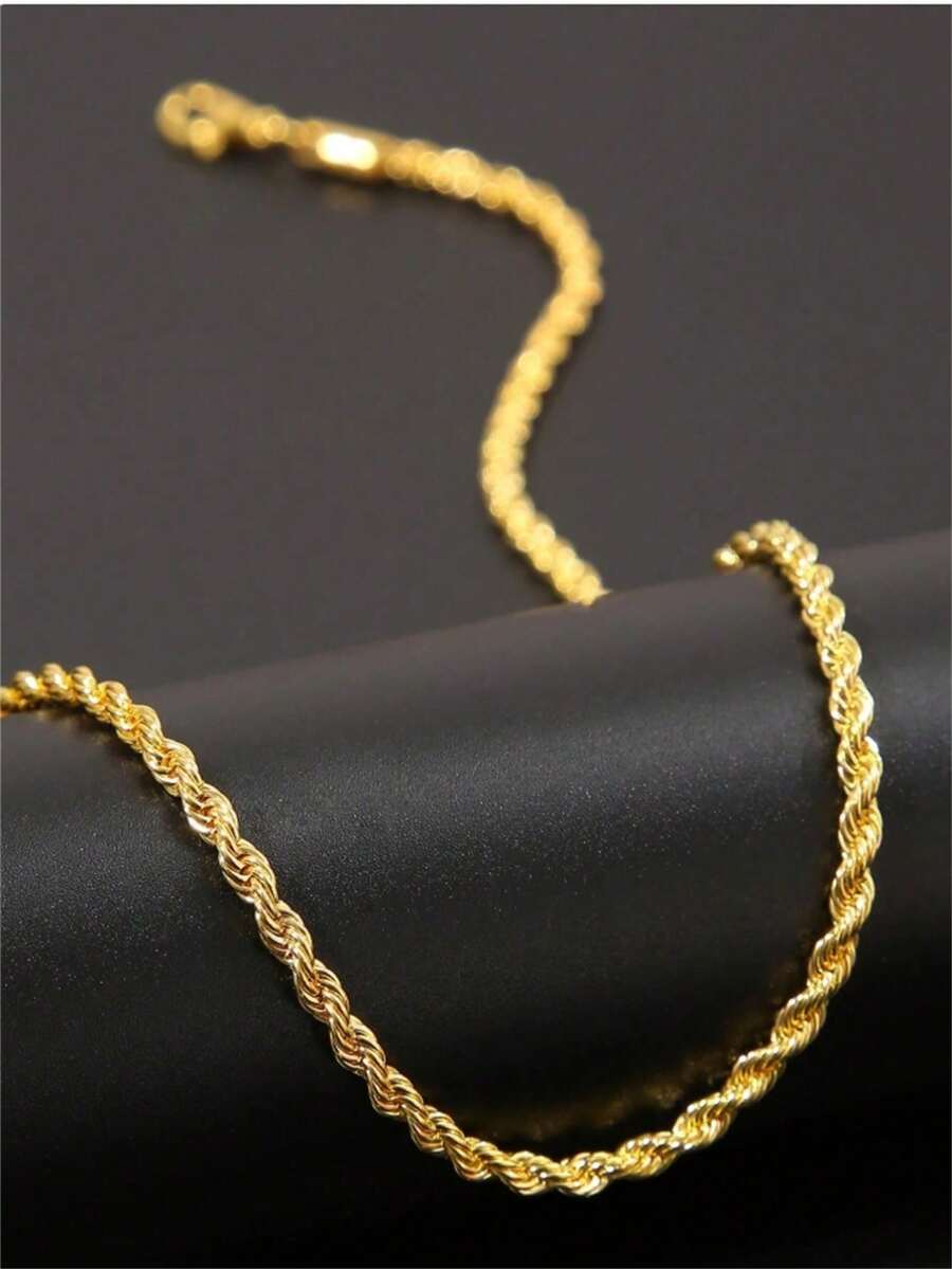 1pc Gold 18K Plated Twisted Rope Necklace, Unisex, Minimalist Design Fashion Accessory
