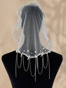 Elegant Pearl Rhinestone Bridal Veil Short Soft Tulle Wedding Veil Tassel Edge Bride Headpiece Accessories - Off White - View 5
