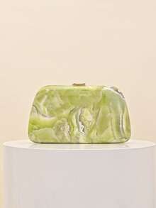 1pc Luxury Green Marble Texture Box Clutch With Gold Leaf Decor Frame Hard Shell Evening Bag, Luxury Mini Shoulder Bag For Formal Dresses - Yellow - View 6