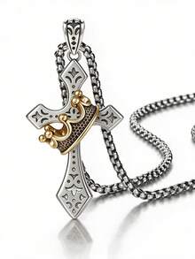 Cross And Crown Motif Necklace In Alloy, Spiritual Christian Charm For Men And Women, Faith Prayer Gift - Multicolor - View 5