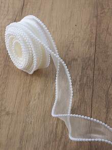 1 Roll 5 Yards Fish Tail Pearl Packaging Satin Ribbon, White Organza Mesh Pearl Ribbon Roll, Suitable For Wedding, Valentine's Day, Mother's Day, Birthday, DIY, Gift Box And Bouquet Decoration - Multicolor - View 6