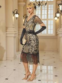 1920年代女裝 Flapper 裙，大亨小傳風格女式流蘇裙，咆哮20年代哈林之夜主題服裝 - 杏色 - 查看 3