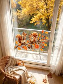 Baofeng 1pc Maple Branch Squirrel Pinecone Window Sticker, Self-Adhesive, Autumn Decor, Halloween Decor, Thanksgiving Decor, Halloween Home Decoration - Orange - View 9