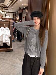 2-In-1 Argyle Knit Cardigan, Patchwork Diamond Pattern Round Neck Cropped Slim Fit Long Sleeve Knit Jacket - Gray - View 3
