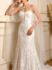 Pearl Beaded Long Tulle Cape, Tie Neck Sheer Mesh Shawl, Bridal Wedding Dress Overlay - Multicolor - View 2